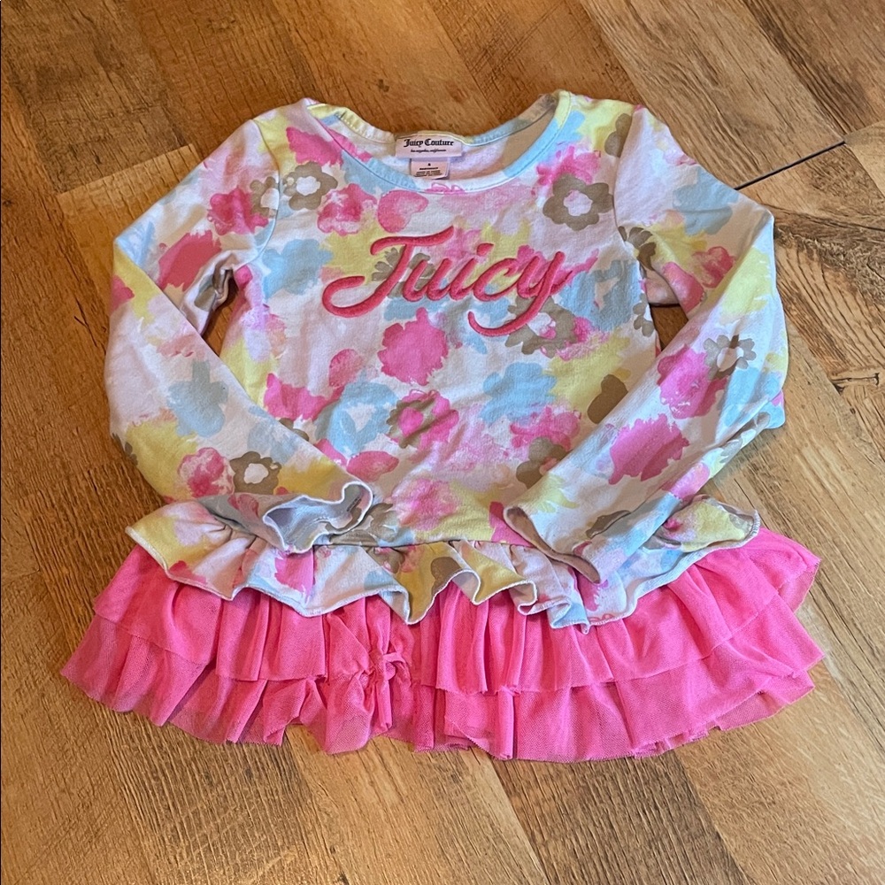 Juicy Couture Logo 🩷 Size 5 Multicolor Floral Long Sleeve with Pink Ruffle 🩷